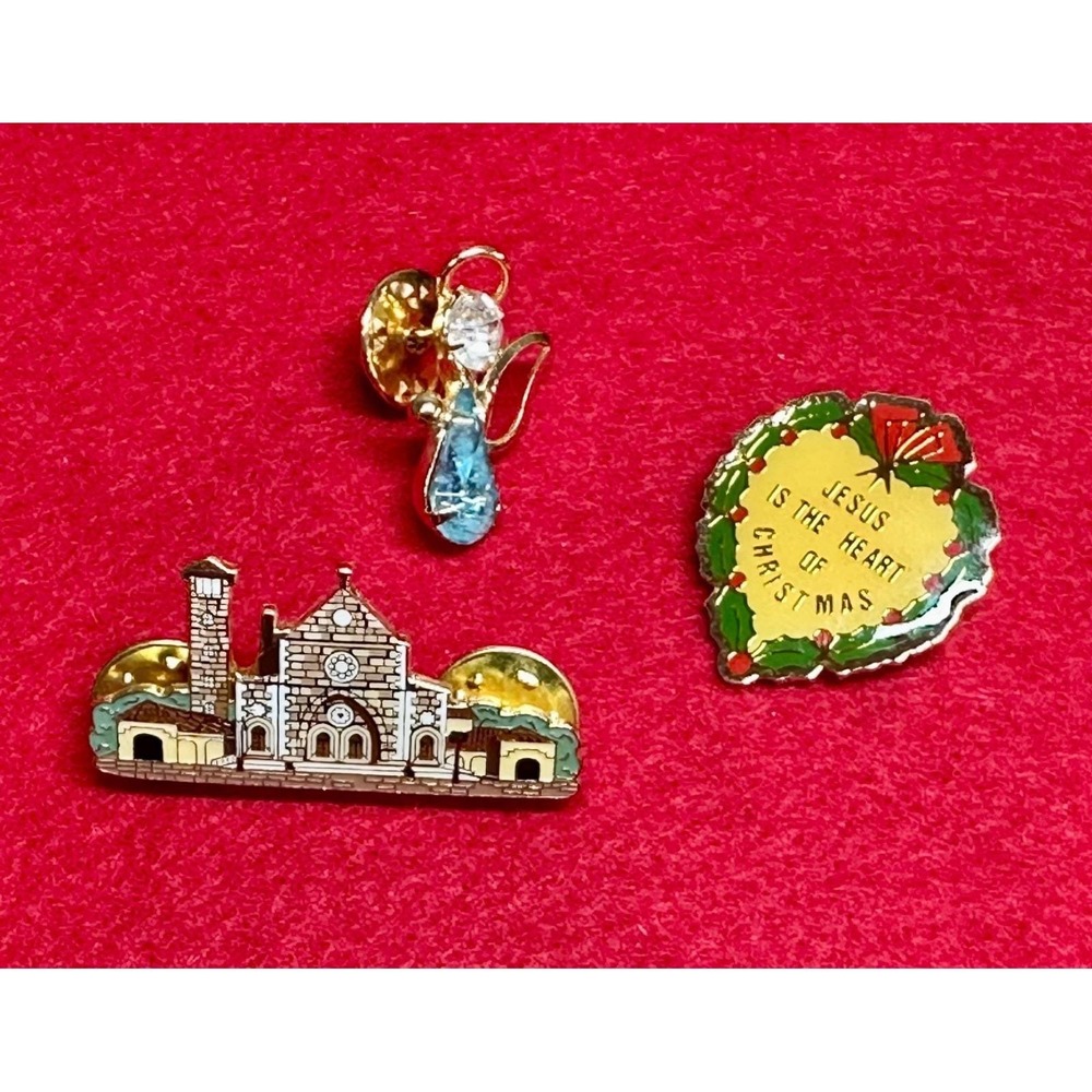 Vintage Christian Enamel Pin Lot Sandman Designs Church Crystal Angel Christmas